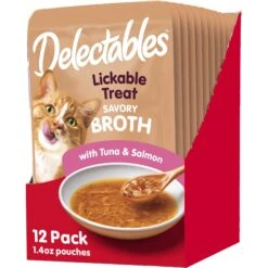 Hartz Delectables Savory Broths Tuna & Salmon Grain-Free Lickable Cat Treats, 1.4-oz Pouch, Pack Of 12