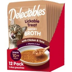 Hartz Delectables Savory Broths Senior 10+ Chicken & Tuna Grain-Free Lickable Cat Treats, 1.4-oz Pouch, Pack Of 12