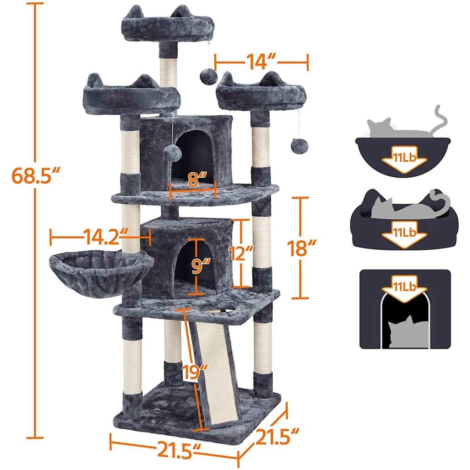 Yaheetech 68.5-in Plush Cat Tower, Dark Gray 4 Yaheetech 68.5-in Plush Cat Tower, Dark Gray - Image 2