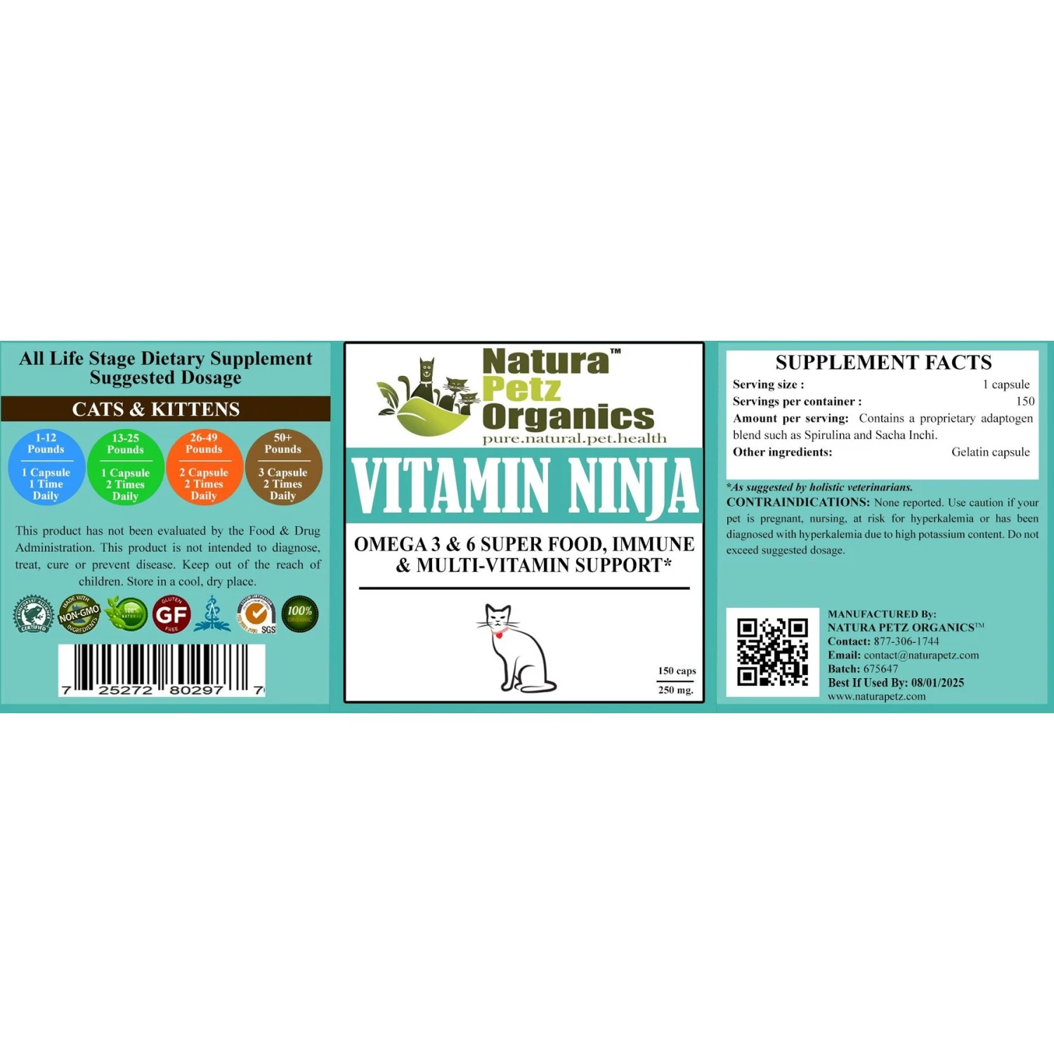 Natura Petz Organics VITAMIN NINJA - OMEGA 3 & 6, Super Food, Immune & Multi-Vitamin Support Cat Supplement 5 Natura Petz Organics VITAMIN NINJA - OMEGA 3 & 6, Super Food, Immune & Multi-Vitamin Support Cat Supplement - Image 3