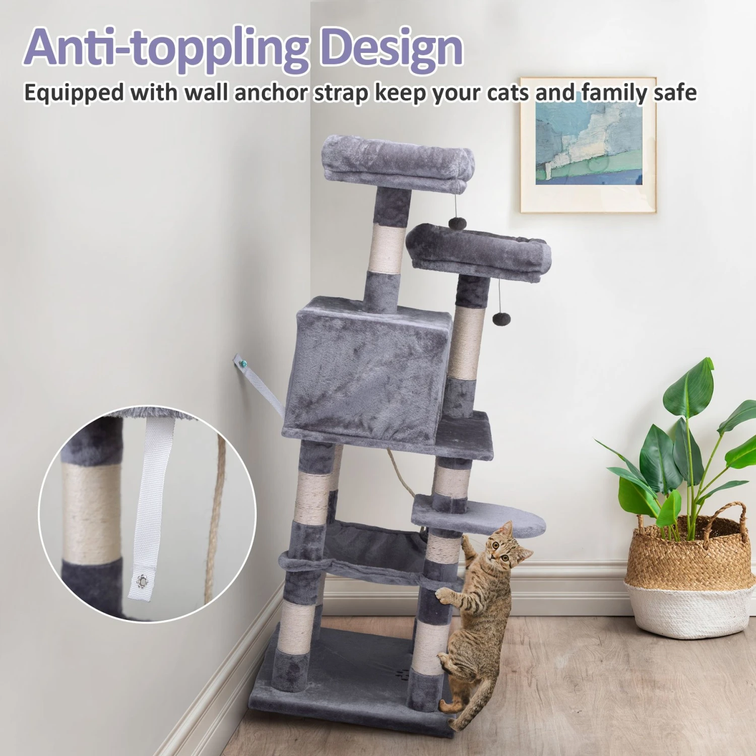 Coziwow By Jaxpety 58-in Cat Tree & Condo With Hammock, Grey 11 Coziwow By Jaxpety 58-in Cat Tree & Condo With Hammock, Grey - Image 9