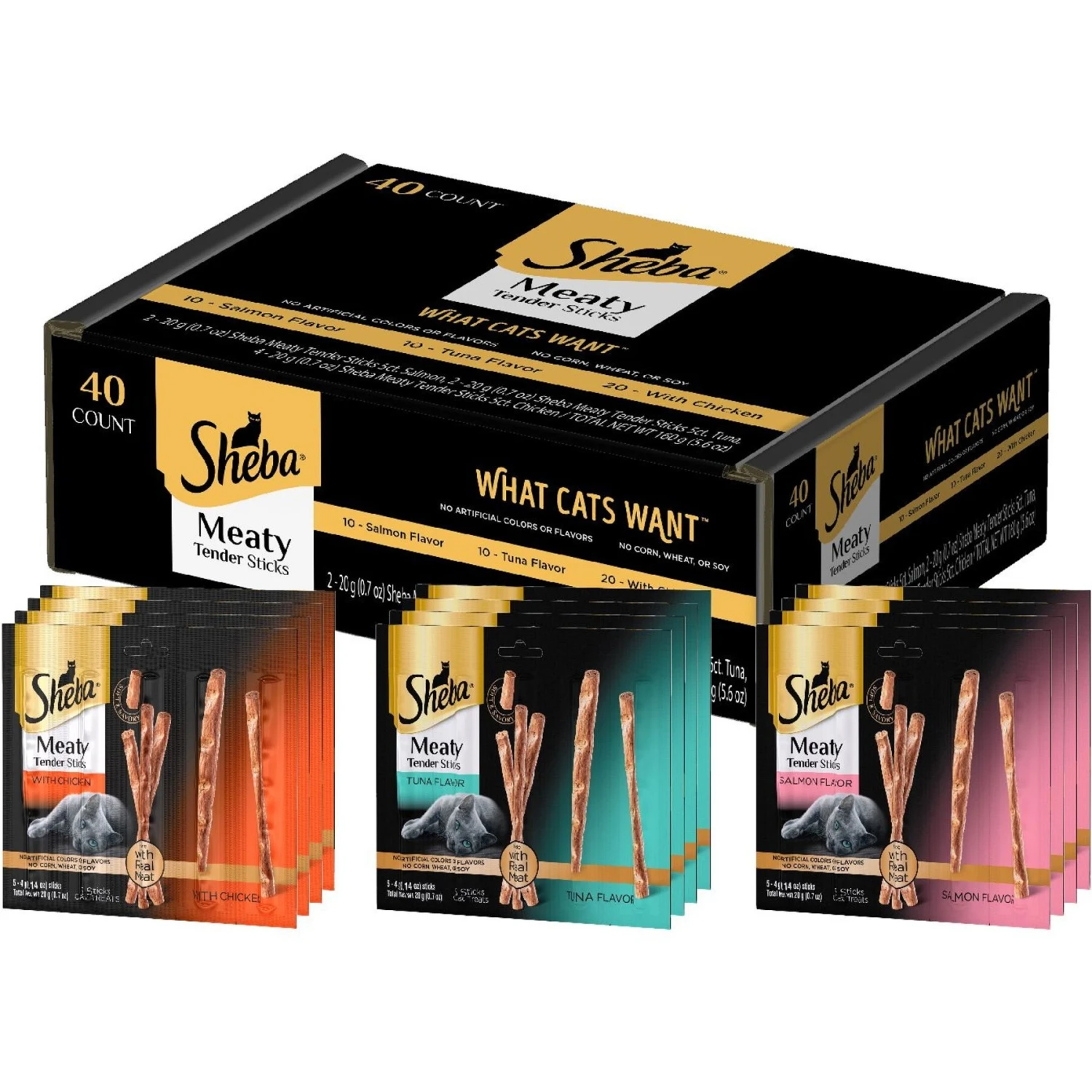 Sheba Meaty Sticks Variety Pack Chicken, Salmon & Tuna Flavor Soft Adult Cat Treats 3 Sheba Meaty Sticks Variety Pack Chicken, Salmon & Tuna Flavor Soft Adult Cat Treats