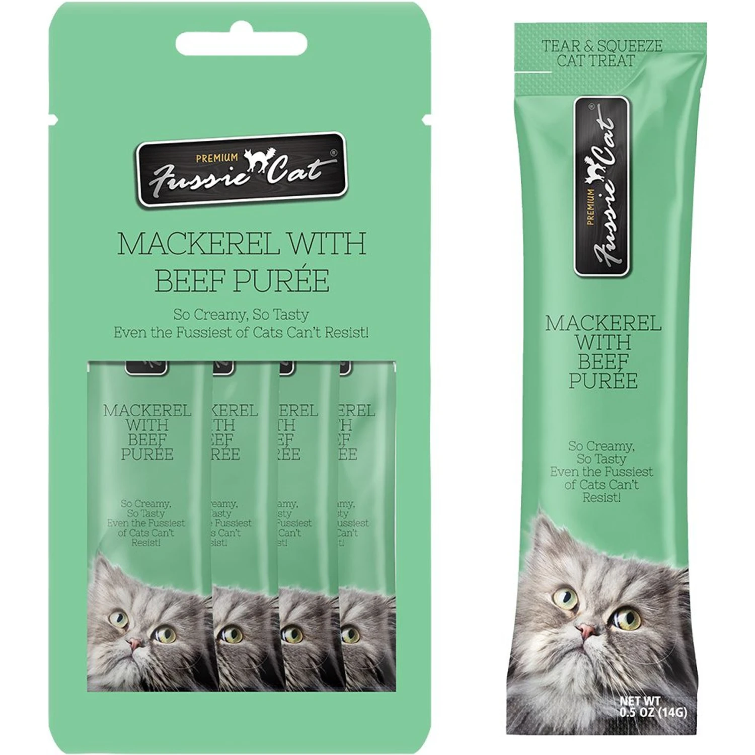 Fussie Cat Mackerel & Beef Puree Lickable Cat Treats, 2-oz Pouch 3 Fussie Cat Mackerel & Beef Puree Lickable Cat Treats, 2-oz Pouch