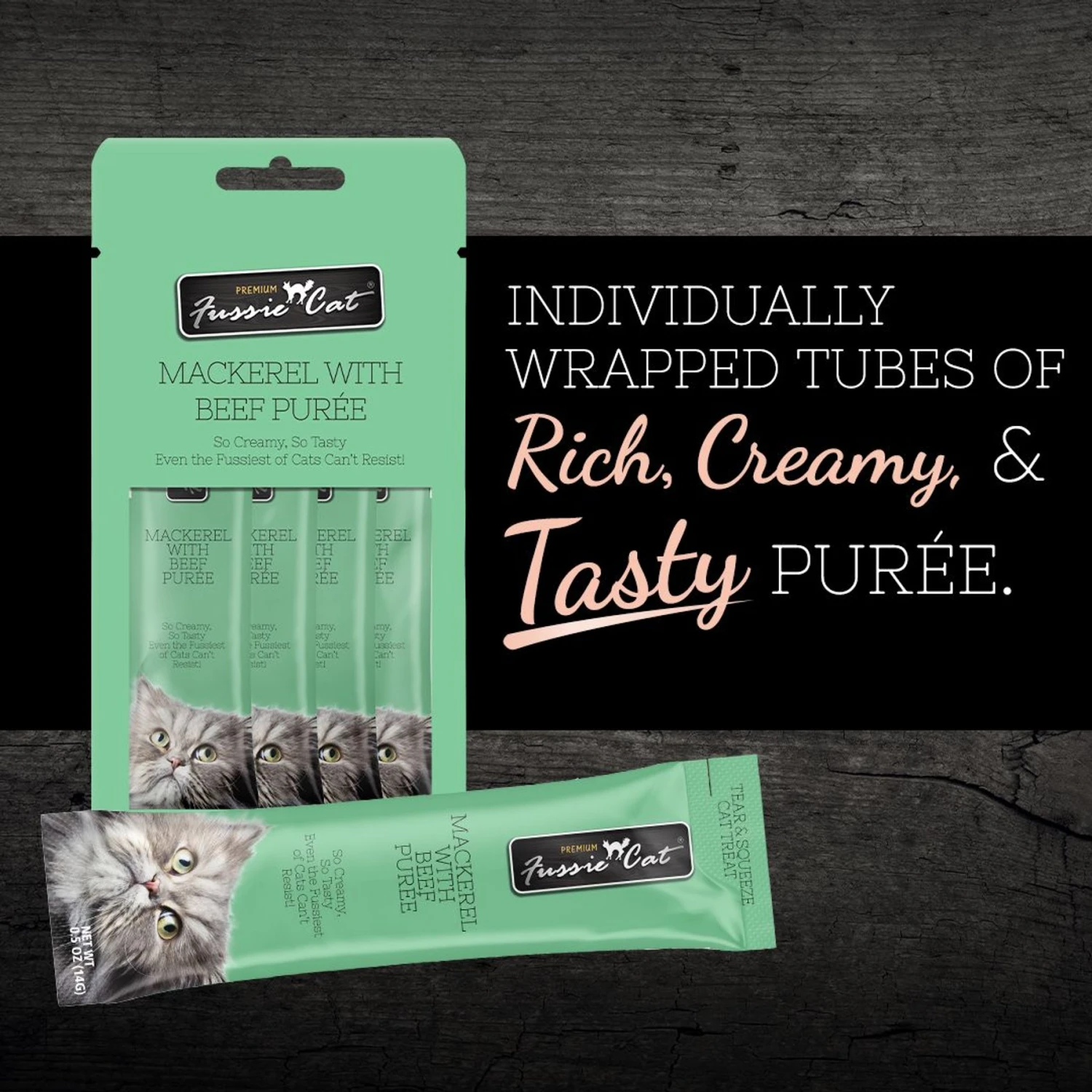 Fussie Cat Mackerel & Beef Puree Lickable Cat Treats, 2-oz Pouch 4 Fussie Cat Mackerel & Beef Puree Lickable Cat Treats, 2-oz Pouch - Image 2