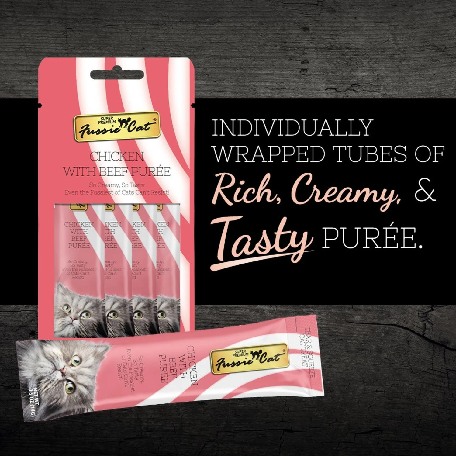 Fussie Cat Chicken & Beef Puree Lickable Cat Treats, 2-oz Pouch 4 Fussie Cat Chicken & Beef Puree Lickable Cat Treats, 2-oz Pouch - Image 2