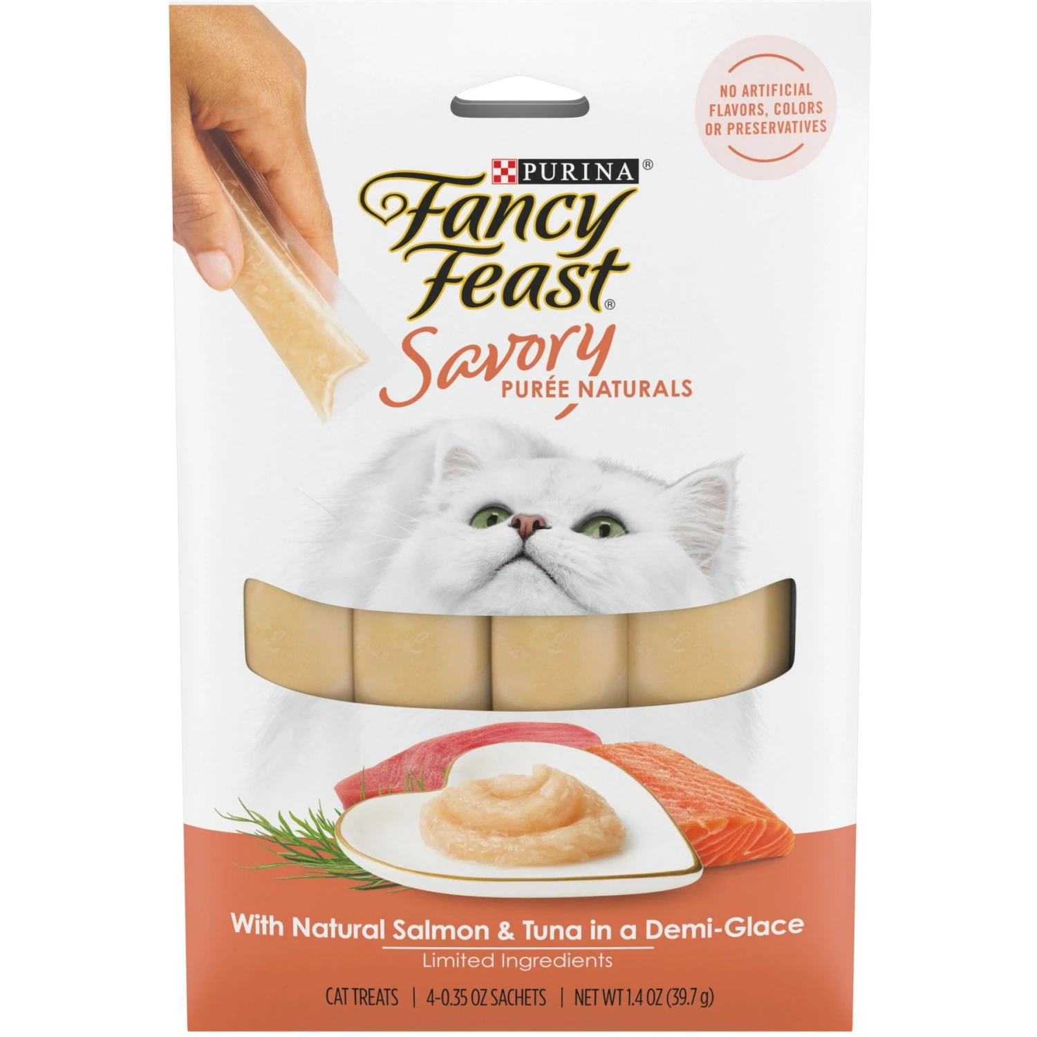 Fancy Feast Savory Puree Naturals Salmon & Tuna Flavored In A Demi-Glace Squeezable Lickable Adult Cat Treats, 0.35-oz Tube 3 Fancy Feast Savory Puree Naturals Salmon & Tuna Flavored In A Demi-Glace Squeezable Lickable Adult Cat Treats, 0.35-oz Tube
