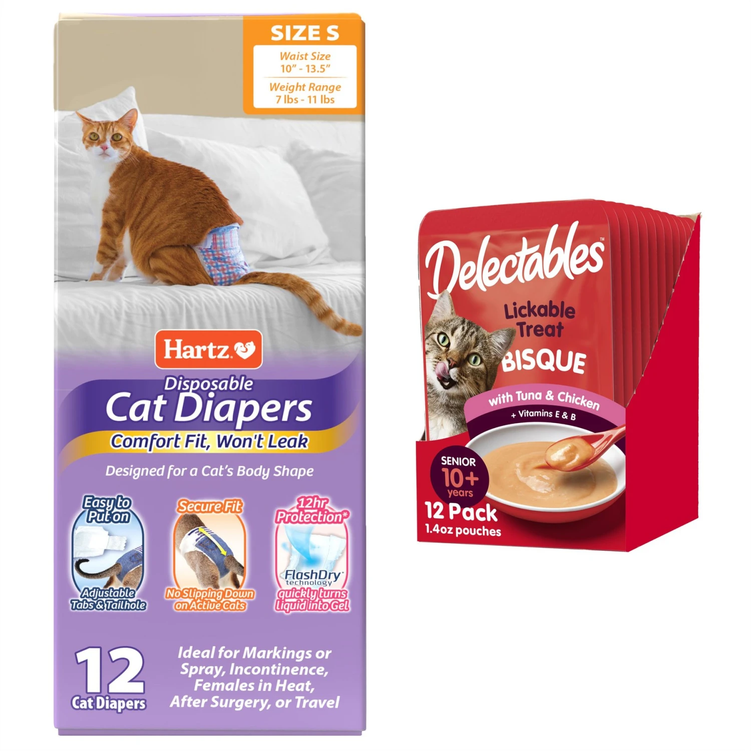 Hartz Disposable Cat Diaper & Hartz Delectables Bisque Senior 10+ Tuna & Chicken Lickable Cat Treat 3 Hartz Disposable Cat Diaper & Hartz Delectables Bisque Senior 10+ Tuna & Chicken Lickable Cat Treat