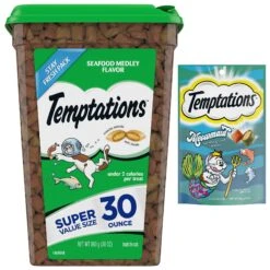 Temptations Classic Seafood Medley Flavor Soft & Crunchy Cat Treats & Temptations MixUps Meowmaid Salmon & Tuna Flavors Crunchy & Soft Cat Treats, 3-oz Bag
