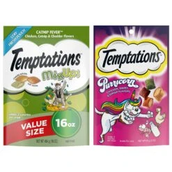 Temptations MixUps Catnip Fever Flavor Soft & Crunchy Cat Treats & Temptations MixUps Purricorn Chicken Dairy & Shrimp Flavors Crunchy & Soft Cat Treats, 3-oz Bag