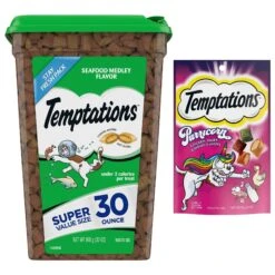 Temptations Classic Seafood Medley Flavor Soft & Crunchy Cat Treats & Temptations MixUps Purricorn Chicken Dairy & Shrimp Flavors Crunchy & Soft Cat Treats, 3-oz Bag