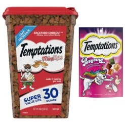 Temptations MixUps Backyard Cookout Flavor Soft & Crunchy Cat Treats & Temptations MixUps Purricorn Chicken Dairy & Shrimp Flavors Crunchy & Soft Cat Treats, 3-oz Bag