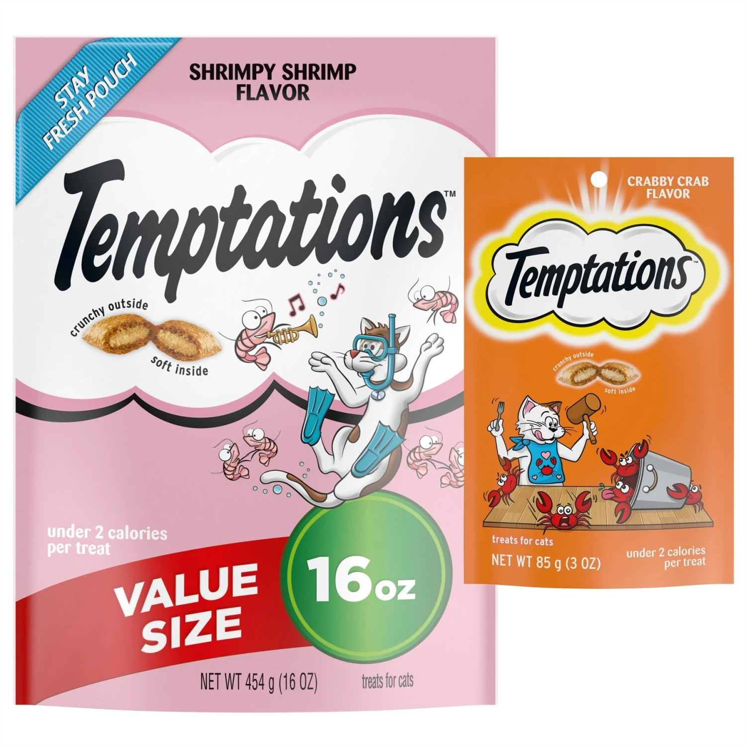 Temptations Classic Shrimpy Shrimp Flavor Soft & Crunchy Cat Treats & Temptations Classic Crabby Crab Flavor Crunchy & Soft Cat Treats, 3-oz Bag 3 Temptations Classic Shrimpy Shrimp Flavor Soft & Crunchy Cat Treats & Temptations Classic Crabby Crab Flavor Crunchy & Soft Cat Treats, 3-oz Bag