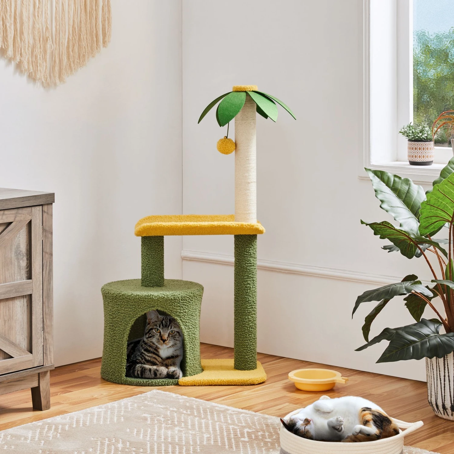 Yaheetech 37-in Coconut Palm Cat Tree, Small, Green & Yellow 3 Yaheetech 37-in Coconut Palm Cat Tree, Small, Green & Yellow