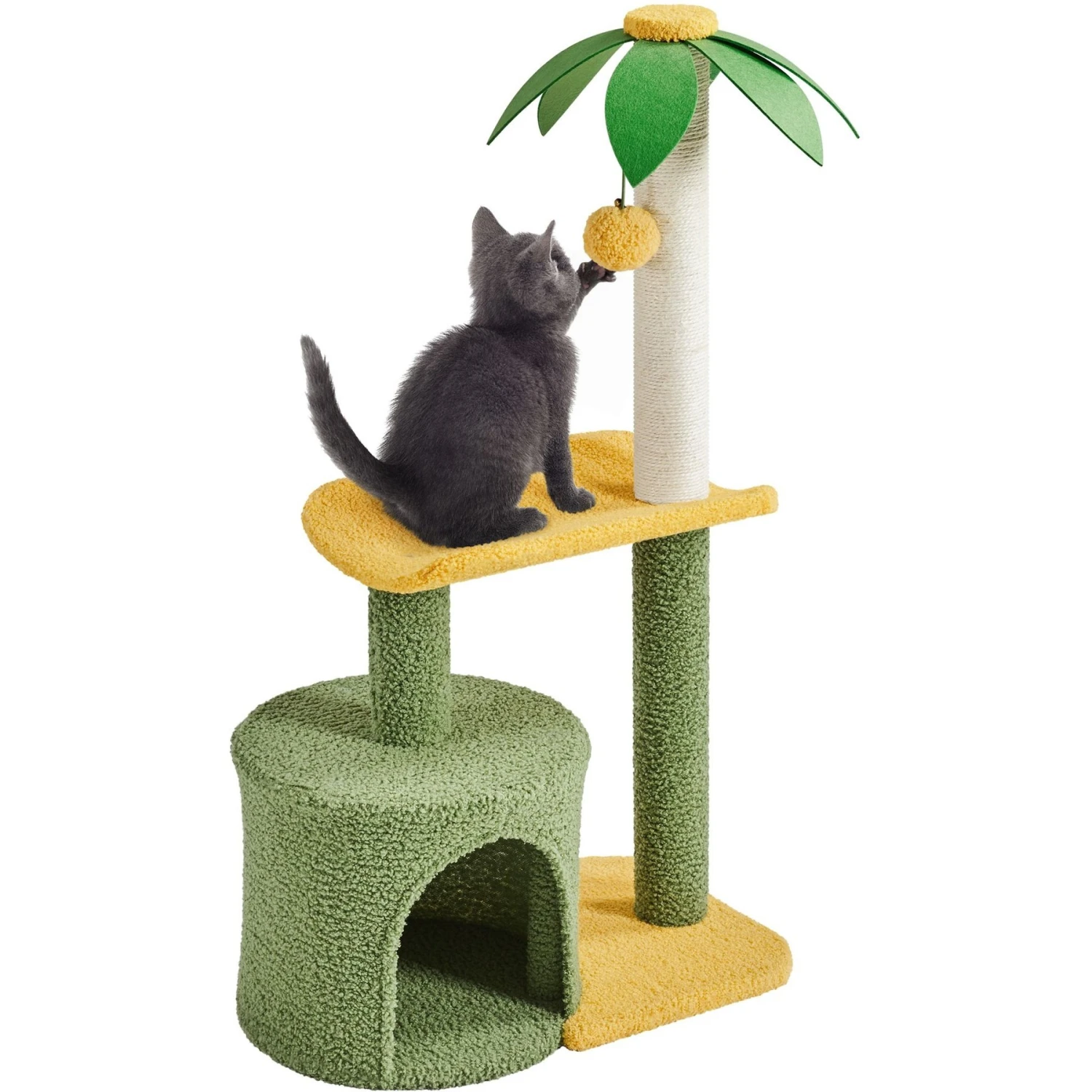 Yaheetech 37-in Coconut Palm Cat Tree, Small, Green & Yellow 4 Yaheetech 37-in Coconut Palm Cat Tree, Small, Green & Yellow - Image 2