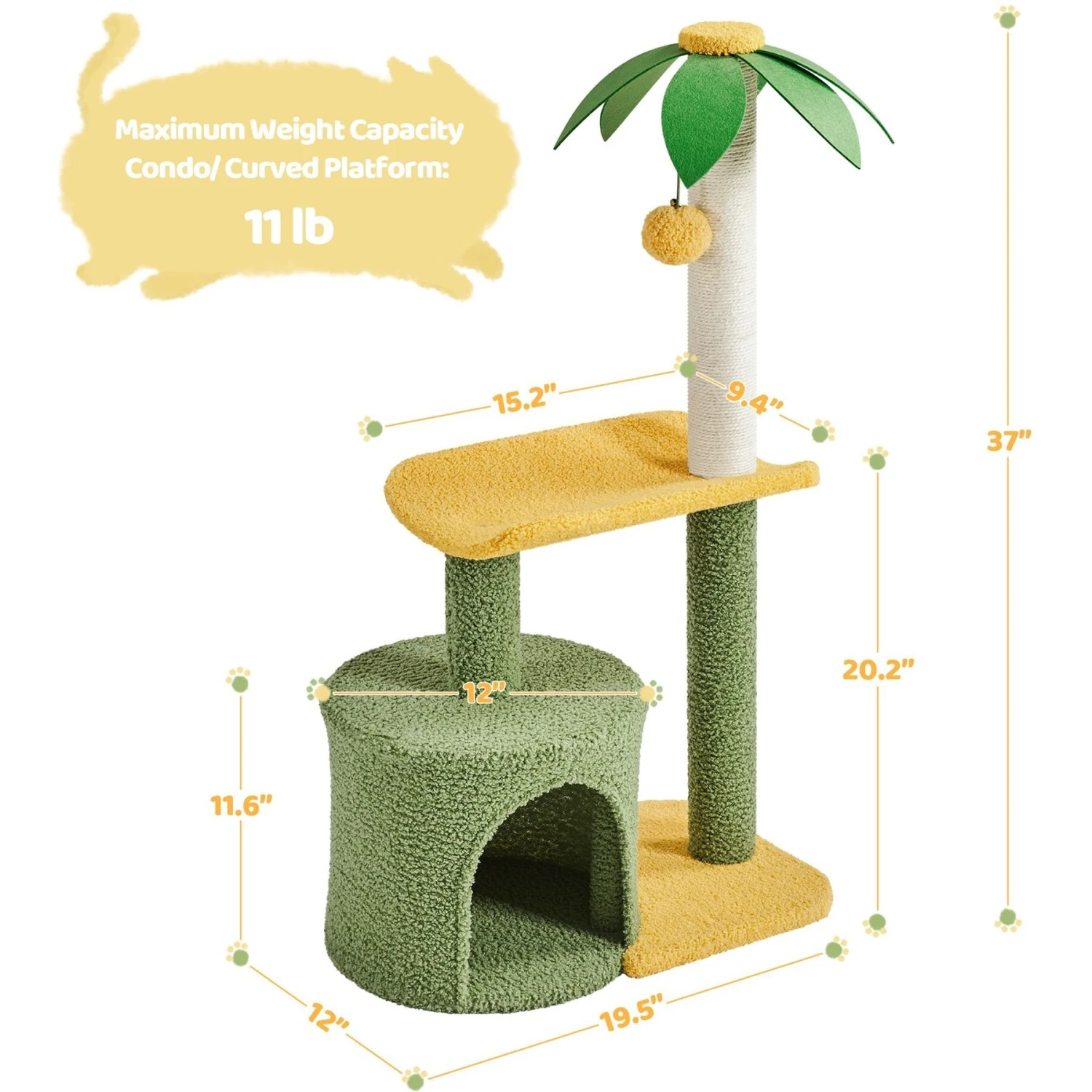 Yaheetech 37-in Coconut Palm Cat Tree, Small, Green & Yellow 6 Yaheetech 37-in Coconut Palm Cat Tree, Small, Green & Yellow - Image 4
